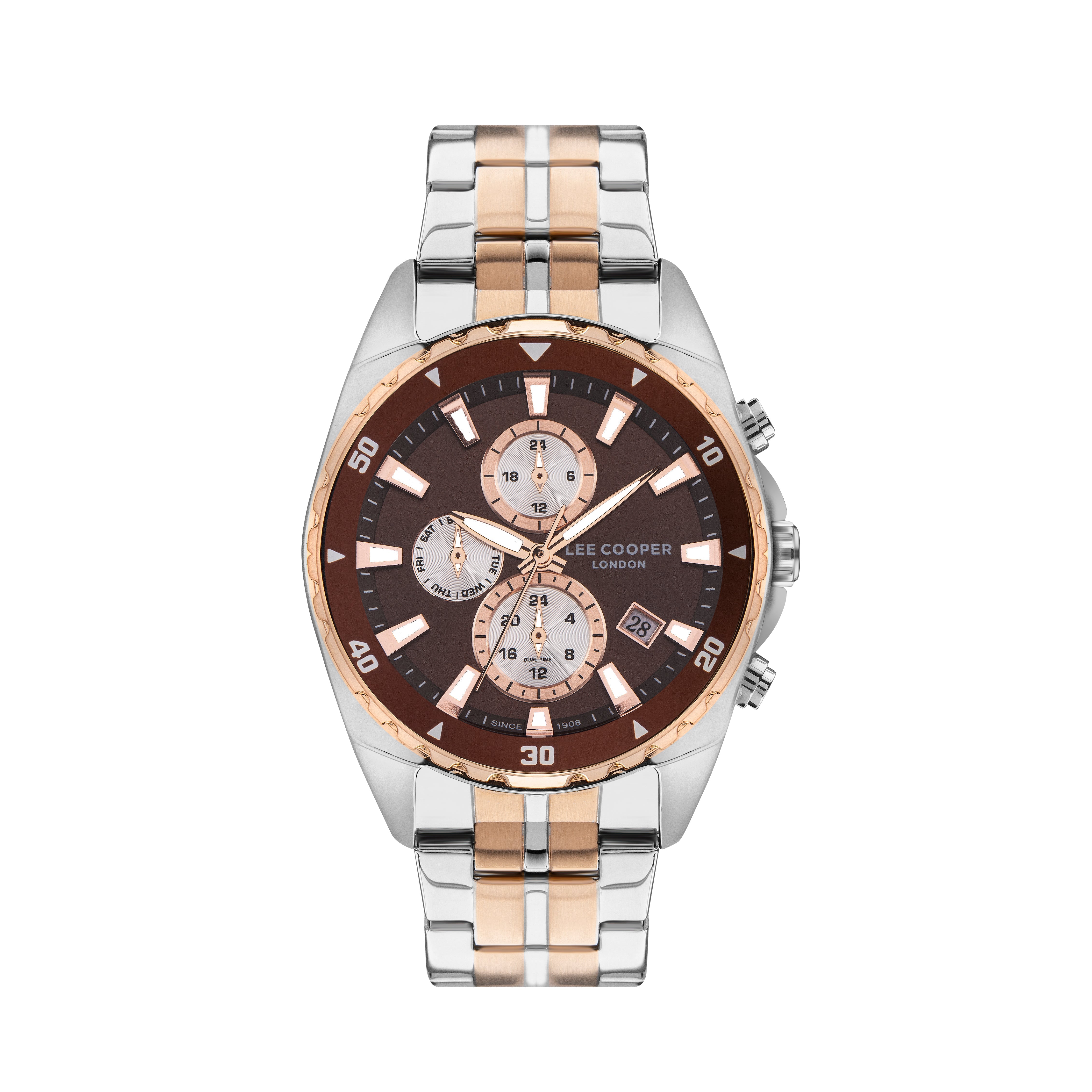 Lee Cooper LC07515.560 men's multifunction watch featuring a round two-tone case and dark brown dial.
 Main image