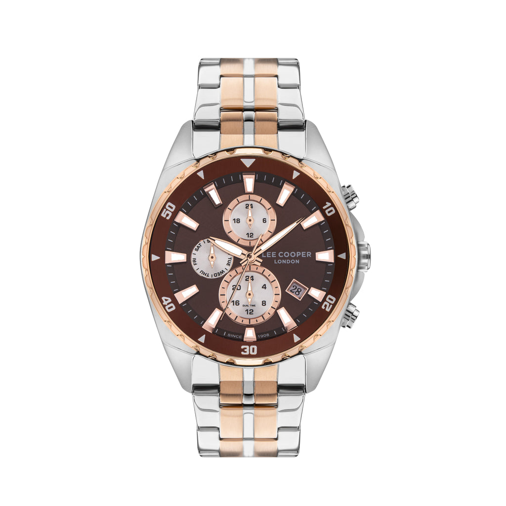 Lee Cooper LC07515.560 men's multifunction watch featuring a round two-tone case and dark brown dial.
