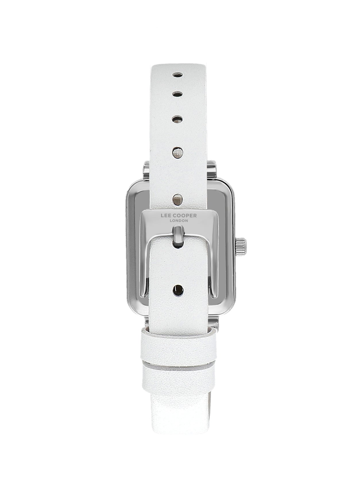 Lee Cooper LC07814.322 women's analog watch with a rectangular silver case and a white mother of pearl dial.
