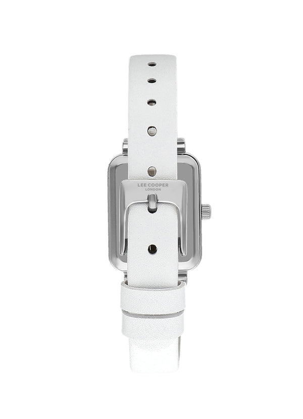 Lee Cooper LC07814.322 women's analog watch with a rectangular silver case and a white mother of pearl dial.
