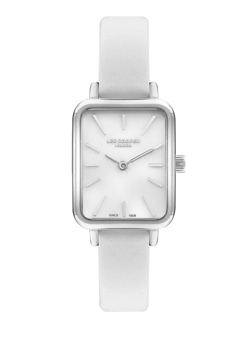 Lee Cooper LC07814.322 women's analog watch with a rectangular silver case and a white mother of pearl dial.
