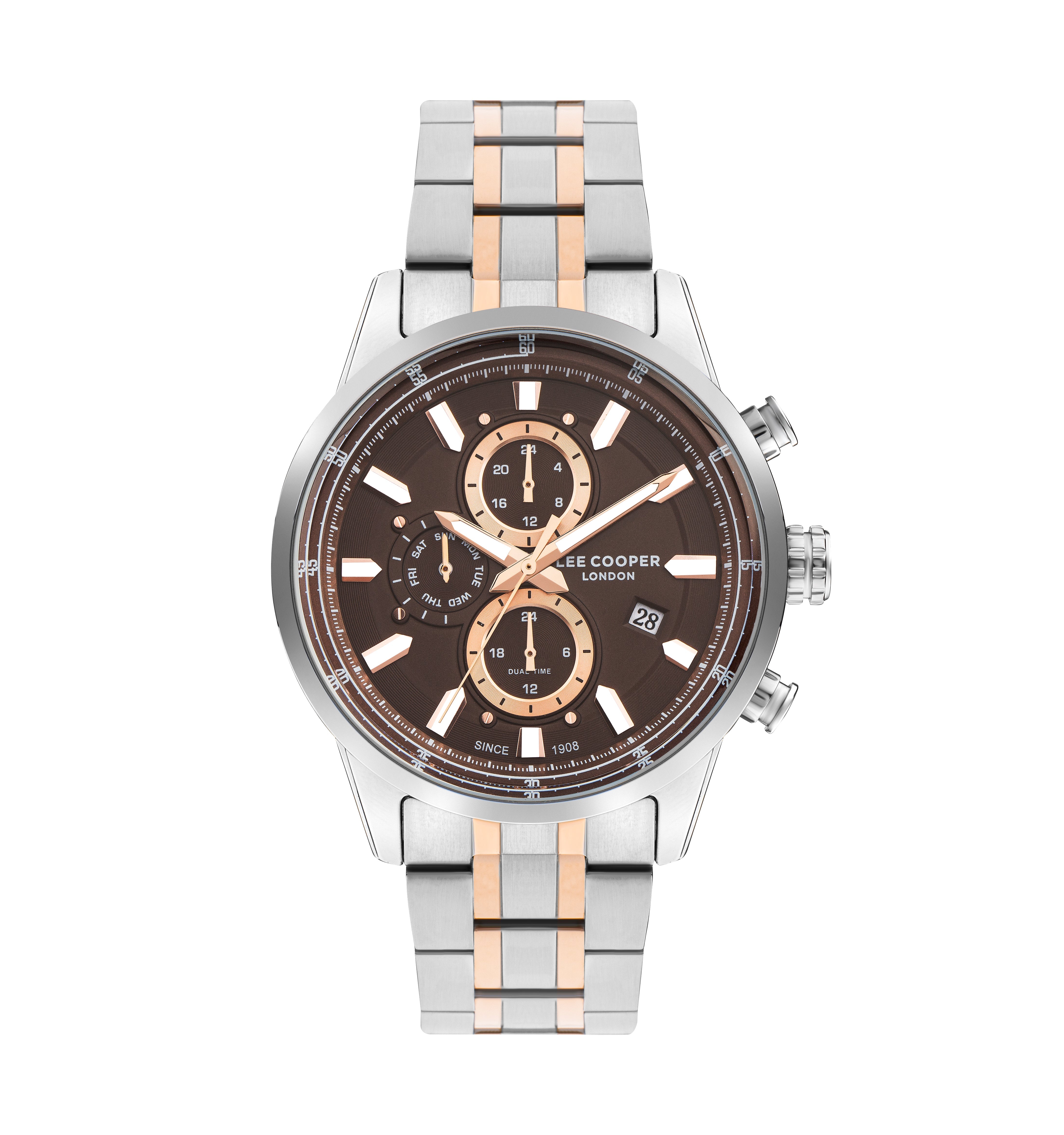 Lee Cooper LC07836.540 men's multifunction watch featuring a tonneau silver case and brown dial.
 Main image