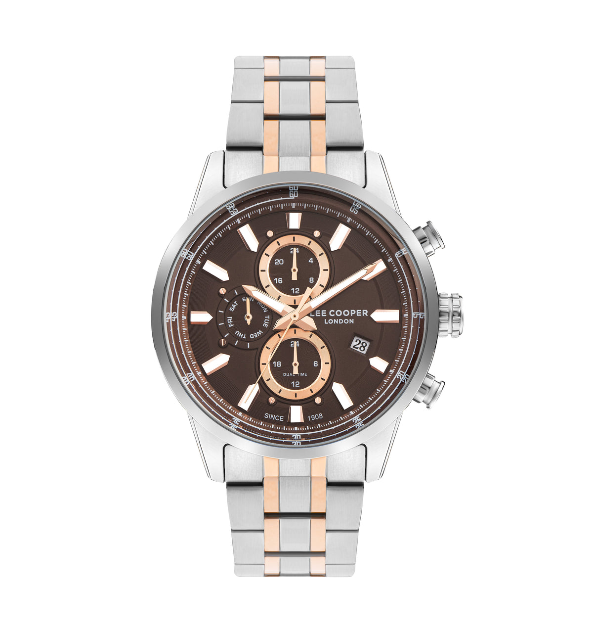 Lee Cooper LC07836.540 men's multifunction watch featuring a tonneau silver case and brown dial.

