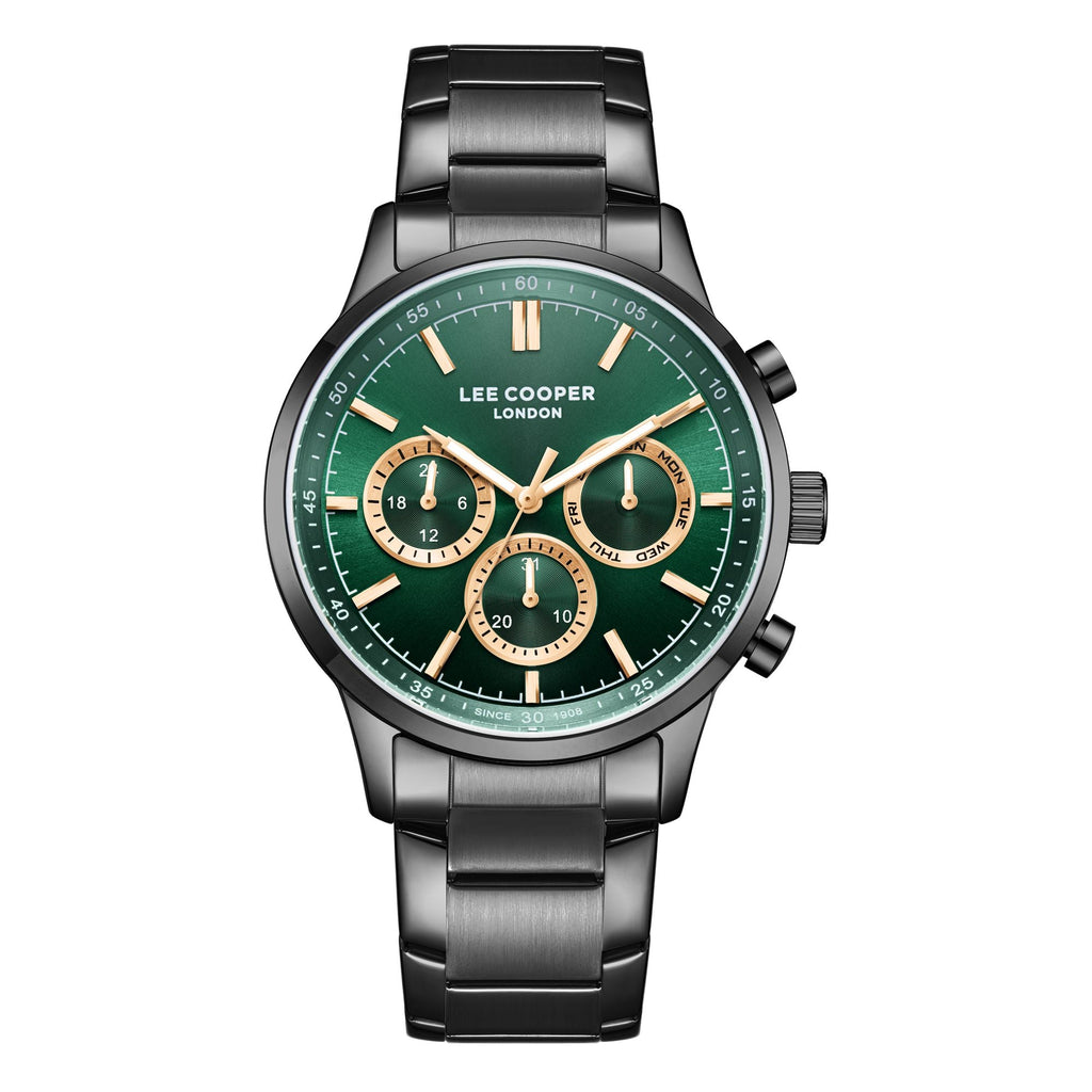 Lee Cooper LC07998.070 men's multifunction watch featuring a gunmetal grey case and dark green dial.

