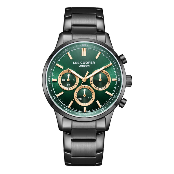 Lee Cooper LC07998.070 men's multifunction watch featuring a gunmetal grey case and dark green dial.
