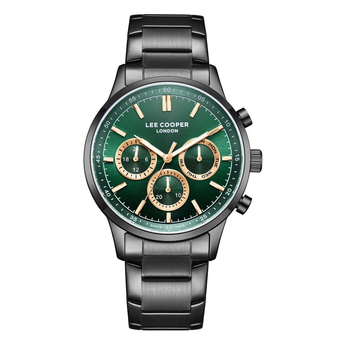 Lee Cooper LC07998.070 men's multifunction watch featuring a gunmetal grey case and dark green dial.
