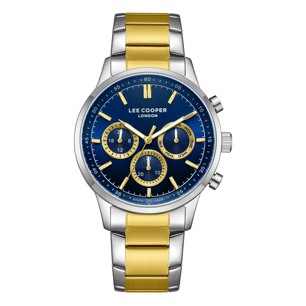 Lee Cooper LC07998.290 men's multifunction watch featuring a round silver case and dark blue dial.
