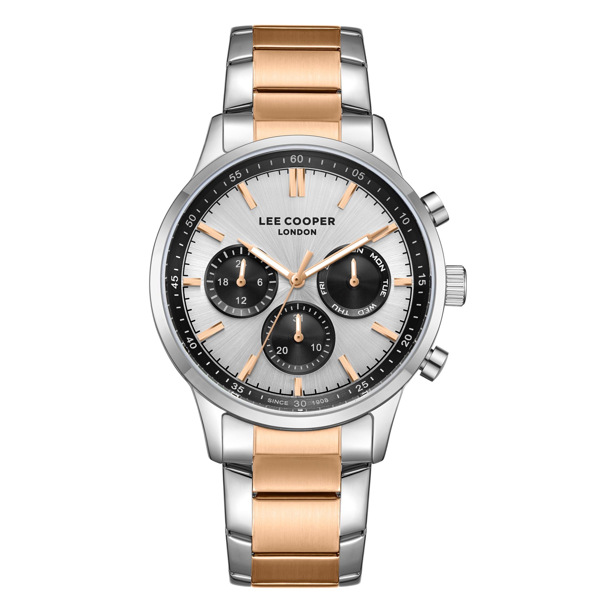 Lee Cooper LC07998.530 men's multifunction watch featuring a round two-tone case and silver dial.
 Main image