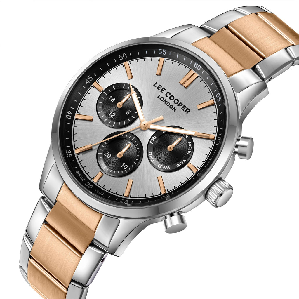 Lee Cooper LC07998.530 men's multifunction watch featuring a round two-tone case and silver dial.
