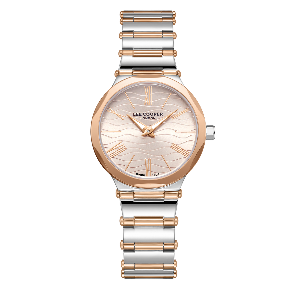 Lee Cooper LC08000.560 women's analog watch with a two-tone silver and rose gold metal strap and beige dial.
