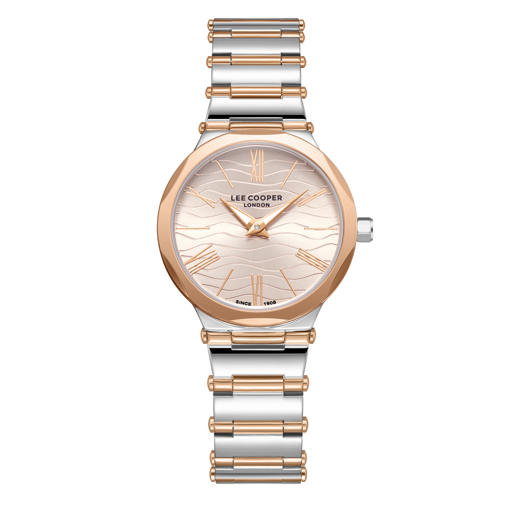 Lee Cooper LC08000.560 women's analog watch with a two-tone silver and rose gold metal strap and beige dial.
