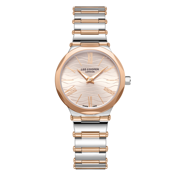 Lee Cooper LC08000.560 women's analog watch with a two-tone silver and rose gold metal strap and beige dial.
