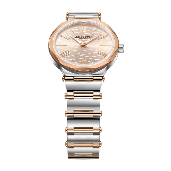 Lee Cooper LC08000.560 women's analog watch with a two-tone silver and rose gold metal strap and beige dial.
