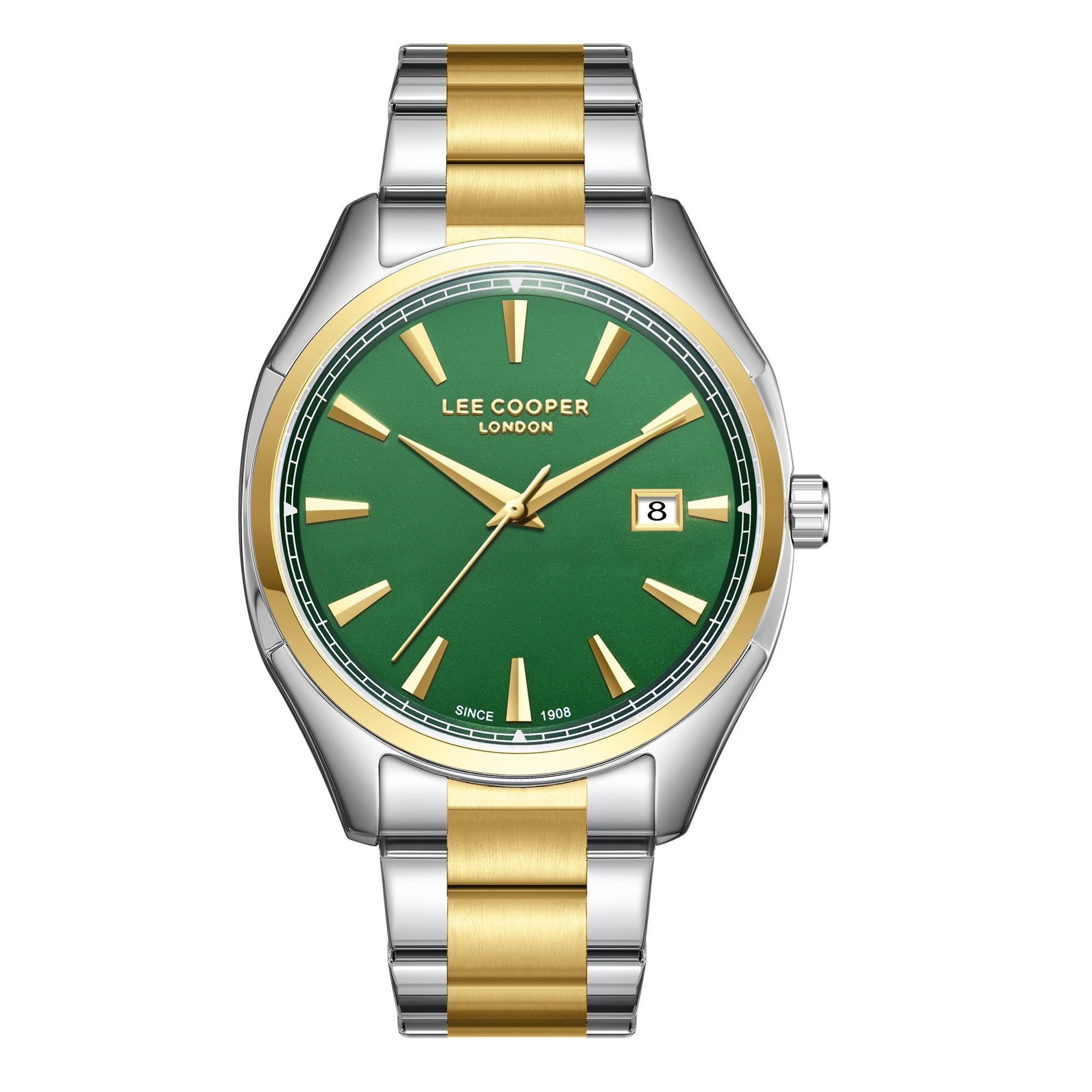 Lee Cooper LC08007.270 men's analog watch featuring a round silver and gold case with a dark green dial.
 Main image