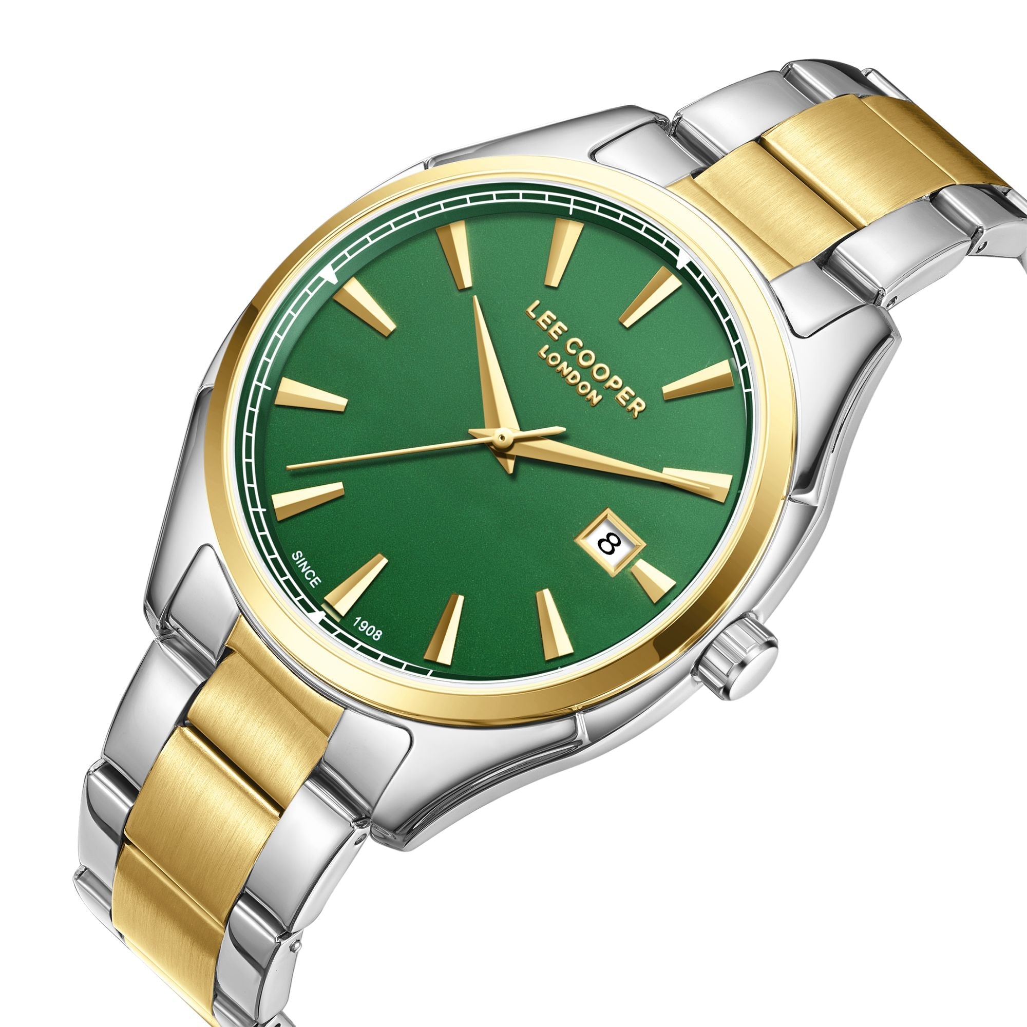 Lee Cooper LC08007.270 men's analog watch featuring a round silver and gold case with a dark green dial.
