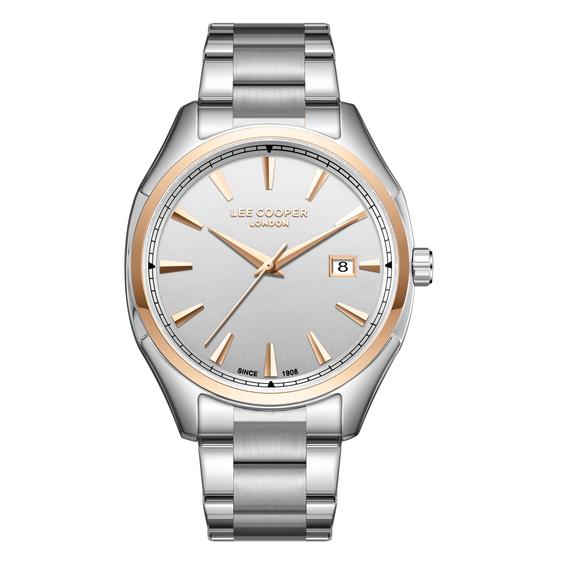 Lee Cooper LC08007.530 men's analog watch featuring a round two-tone silver and rose gold case with a silver dial.
 Main image
