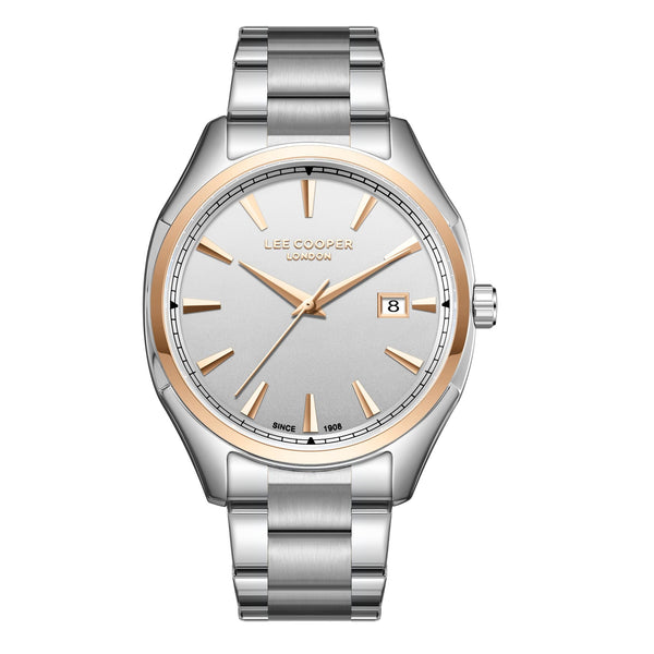 Lee Cooper LC08007.530 men's analog watch featuring a round two-tone silver and rose gold case with a silver dial.
