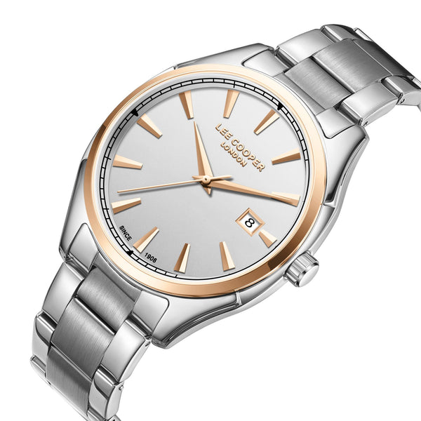 Lee Cooper LC08007.530 men's analog watch featuring a round two-tone silver and rose gold case with a silver dial.
