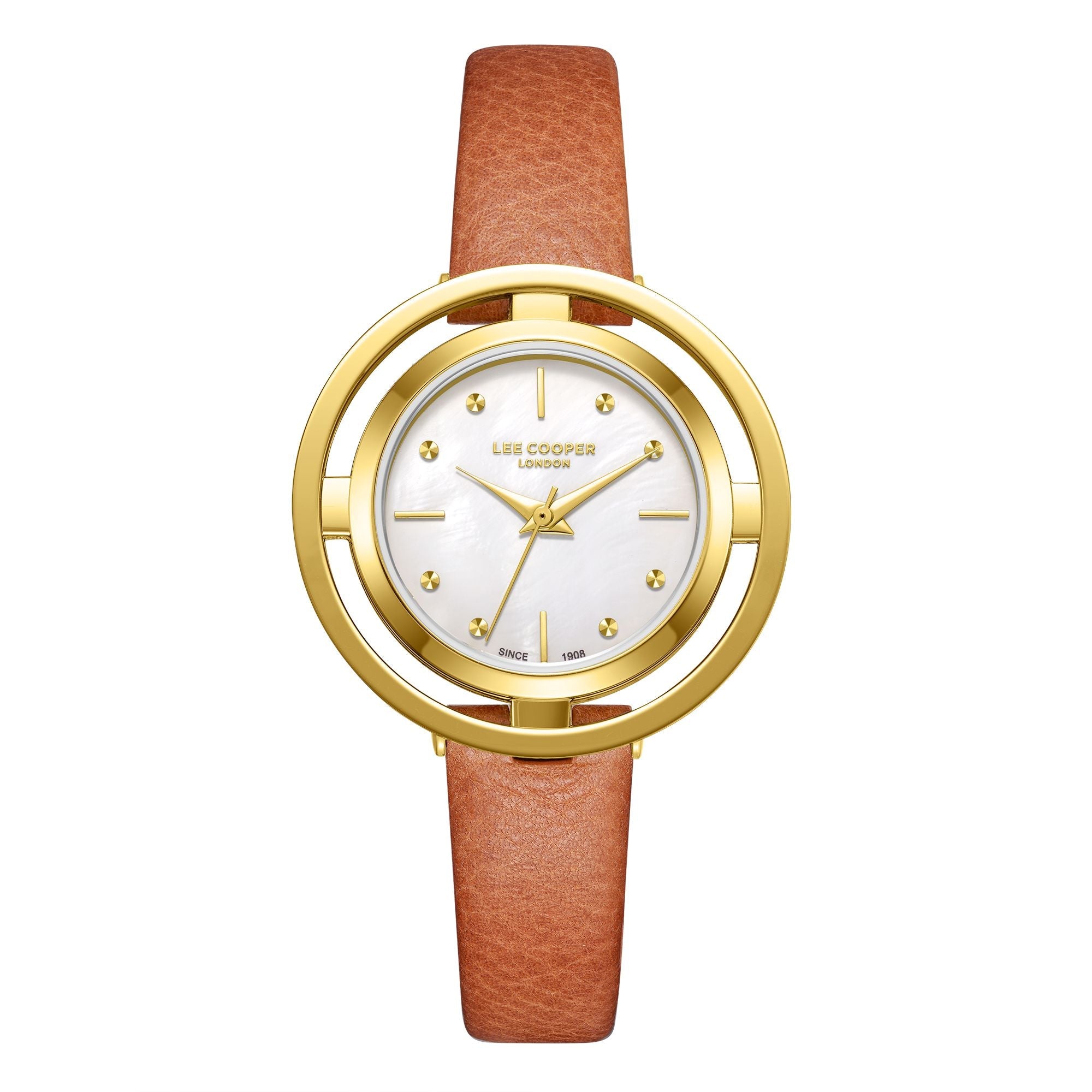Lee Cooper LC08034.124 women's analog watch featuring a round gold case and pink leather strap.
 Main image