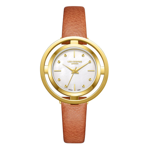 Lee Cooper LC08034.124 women's analog watch featuring a round gold case and pink leather strap.
