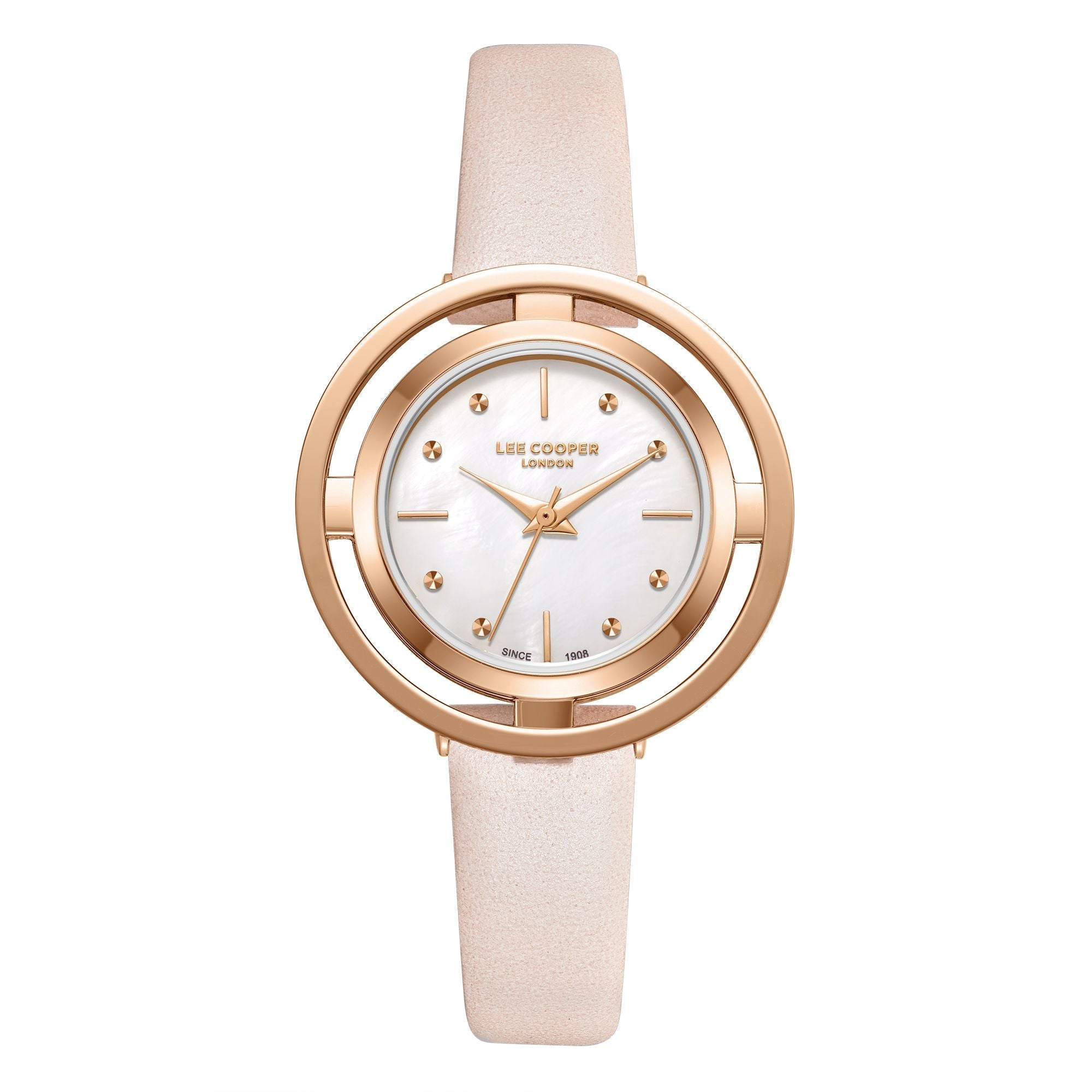 Lee Cooper LC08034.424 women's analog watch featuring a pink leather strap and a mother of pearl dial.
