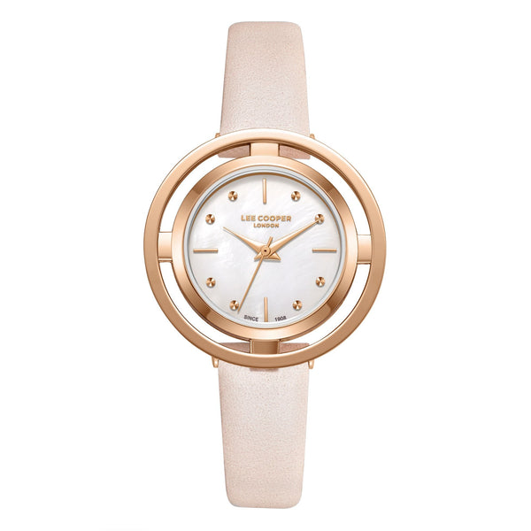 Lee Cooper LC08034.424 women's analog watch featuring a pink leather strap and a mother of pearl dial.
