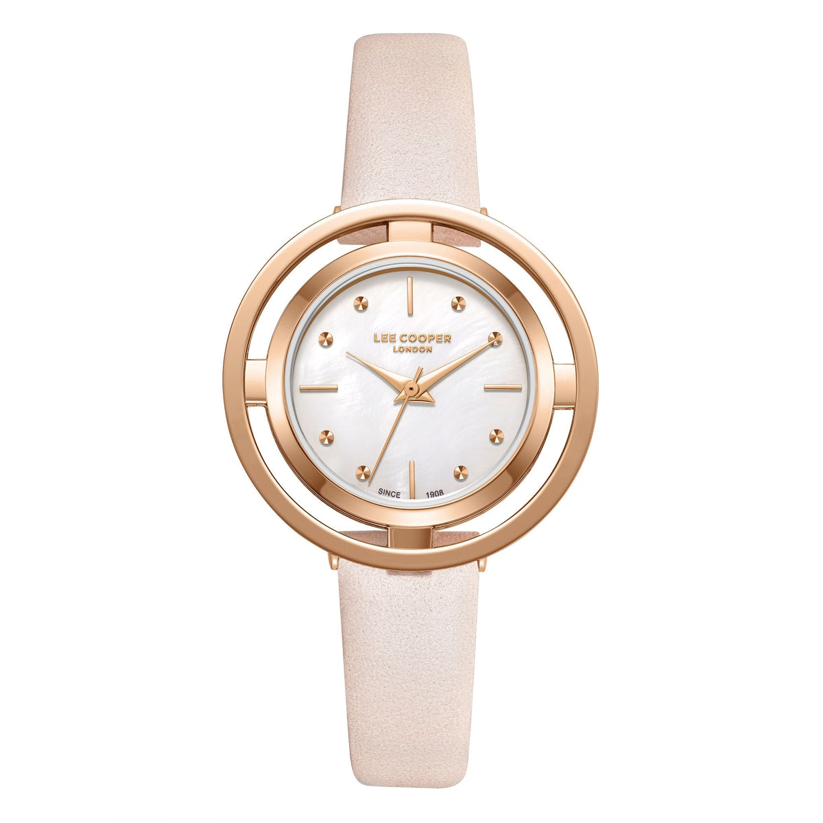 Lee Cooper LC08034.424 women's analog watch featuring a pink leather strap and a mother of pearl dial.
