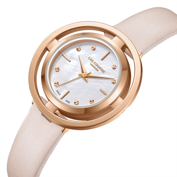 Lee Cooper LC08034.424 women's analog watch featuring a pink leather strap and a mother of pearl dial.
