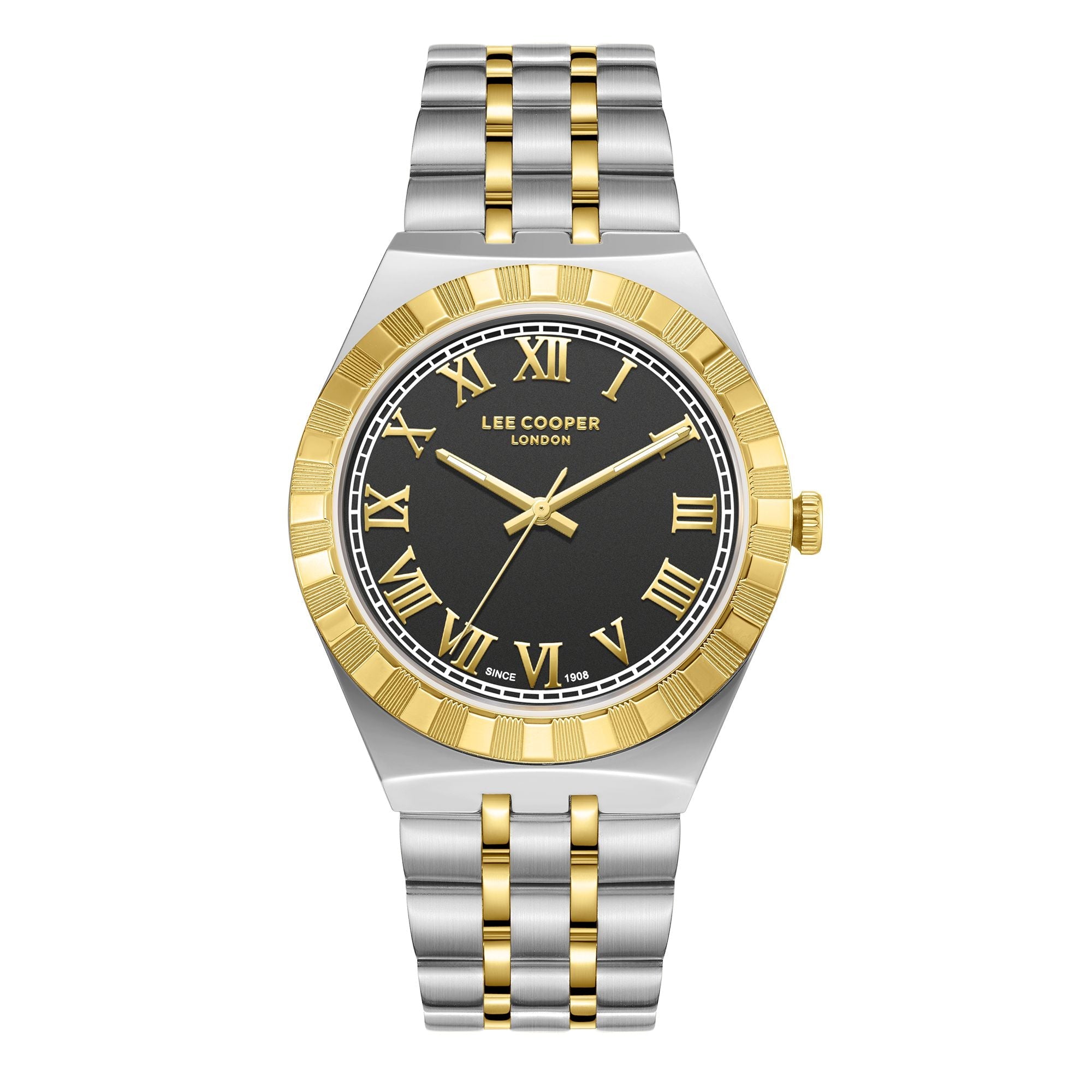 Lee Cooper LC08060.240 men's analog watch featuring a round two-tone silver and gold case with a dark brown dial.
 Main image