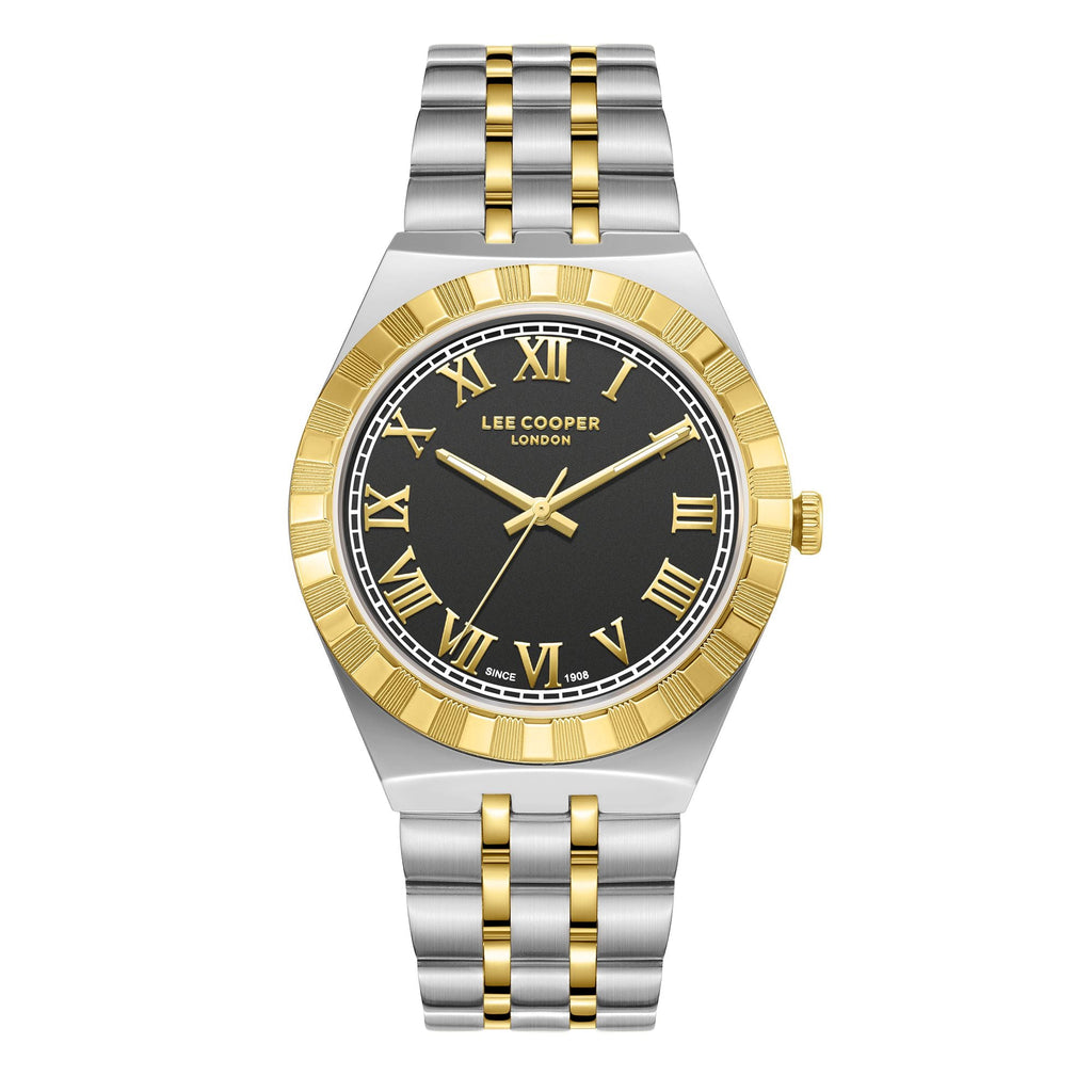 Lee Cooper LC08060.240 men's analog watch featuring a round two-tone silver and gold case with a dark brown dial.

