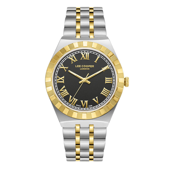 Lee Cooper LC08060.240 men's analog watch featuring a round two-tone silver and gold case with a dark brown dial.
