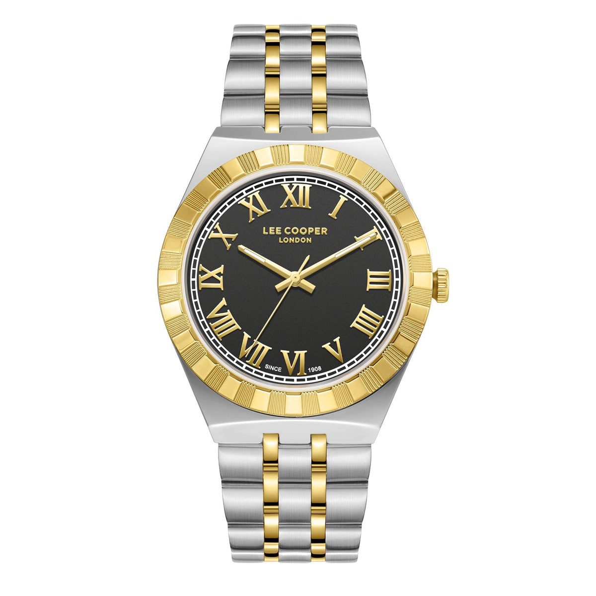 Lee Cooper LC08060.240 men's analog watch featuring a round two-tone silver and gold case with a dark brown dial.
