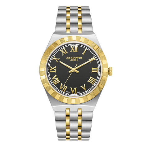 Lee Cooper LC08060.240 men's analog watch featuring a round two-tone silver and gold case with a dark brown dial.
