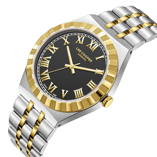 Lee Cooper LC08060.240 men's analog watch featuring a round two-tone silver and gold case with a dark brown dial.
