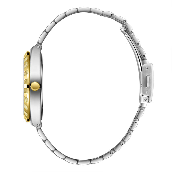 Lee Cooper LC08060.240 men's analog watch featuring a round two-tone silver and gold case with a dark brown dial.
