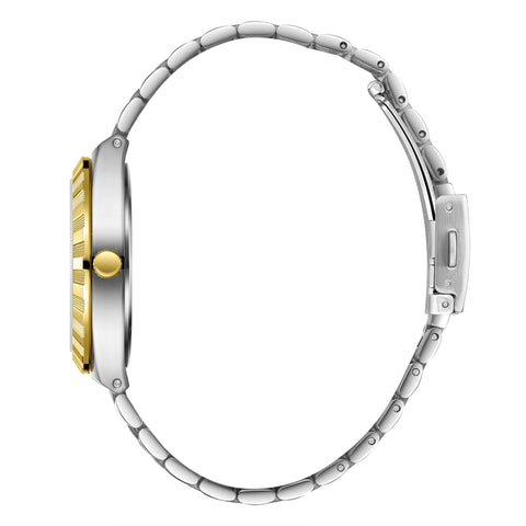 Lee Cooper LC08060.240 men's analog watch featuring a round two-tone silver and gold case with a dark brown dial.
