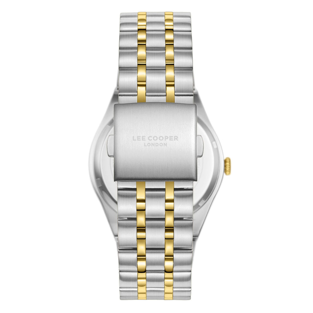 Lee Cooper LC08060.240 men's analog watch featuring a round two-tone silver and gold case with a dark brown dial.
