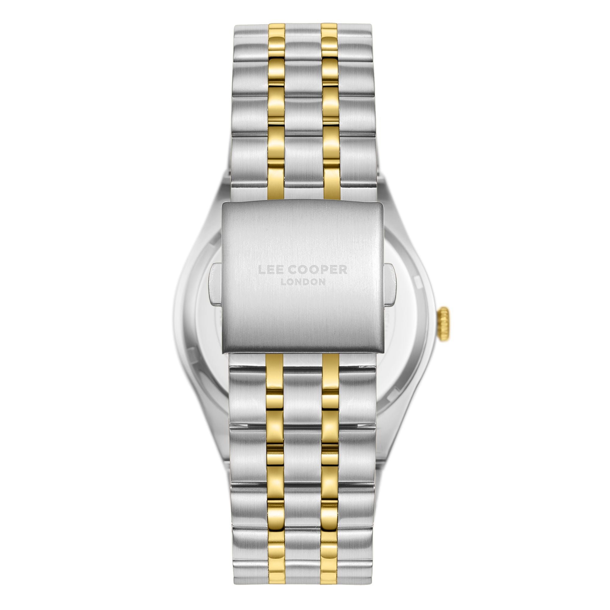 Lee Cooper LC08060.240 men's analog watch featuring a round two-tone silver and gold case with a dark brown dial.

