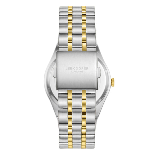 Lee Cooper LC08060.240 men's analog watch featuring a round two-tone silver and gold case with a dark brown dial.
