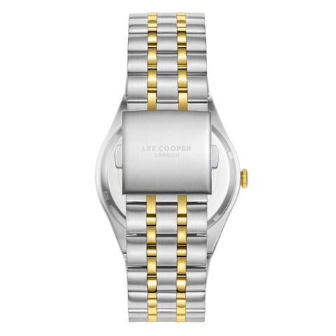 Lee Cooper LC08060.240 men's analog watch featuring a round two-tone silver and gold case with a dark brown dial.
