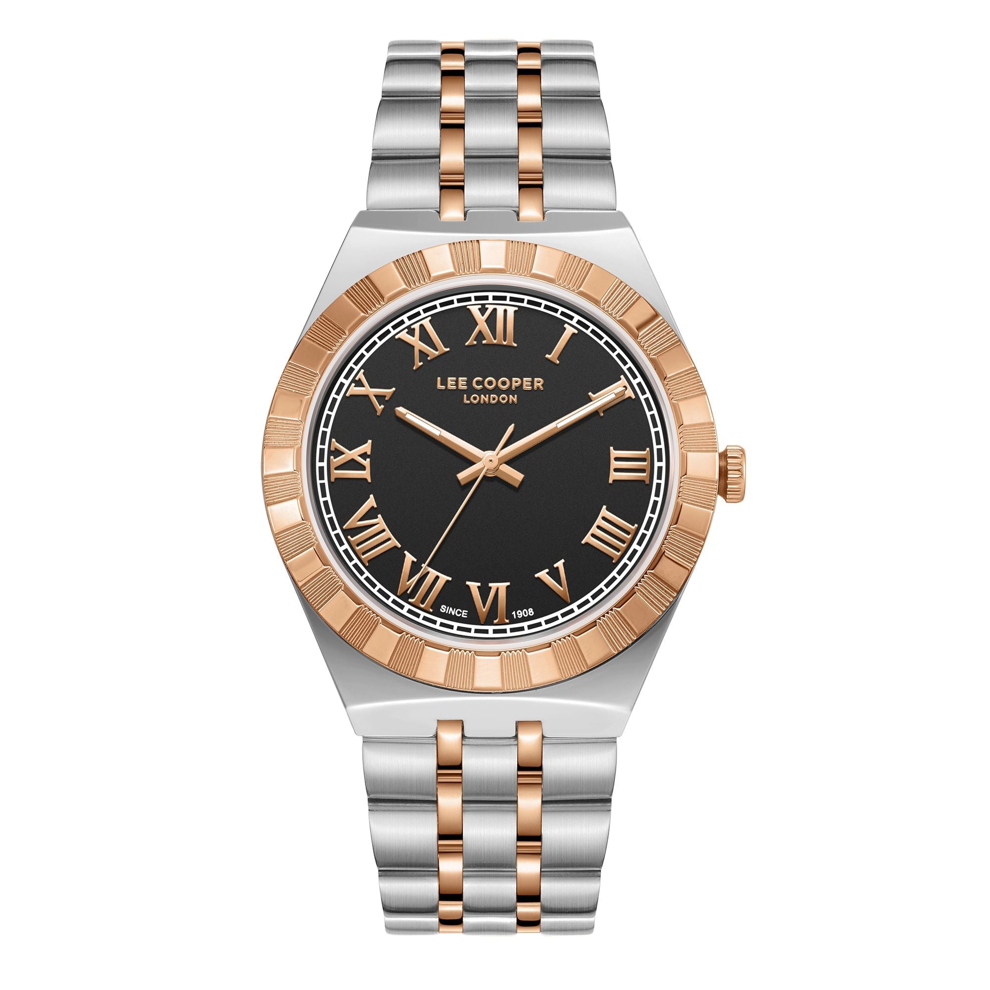Lee Cooper LC08060.560 men's analog watch featuring a round two-tone silver and rose gold case with a black dial.
 Main image