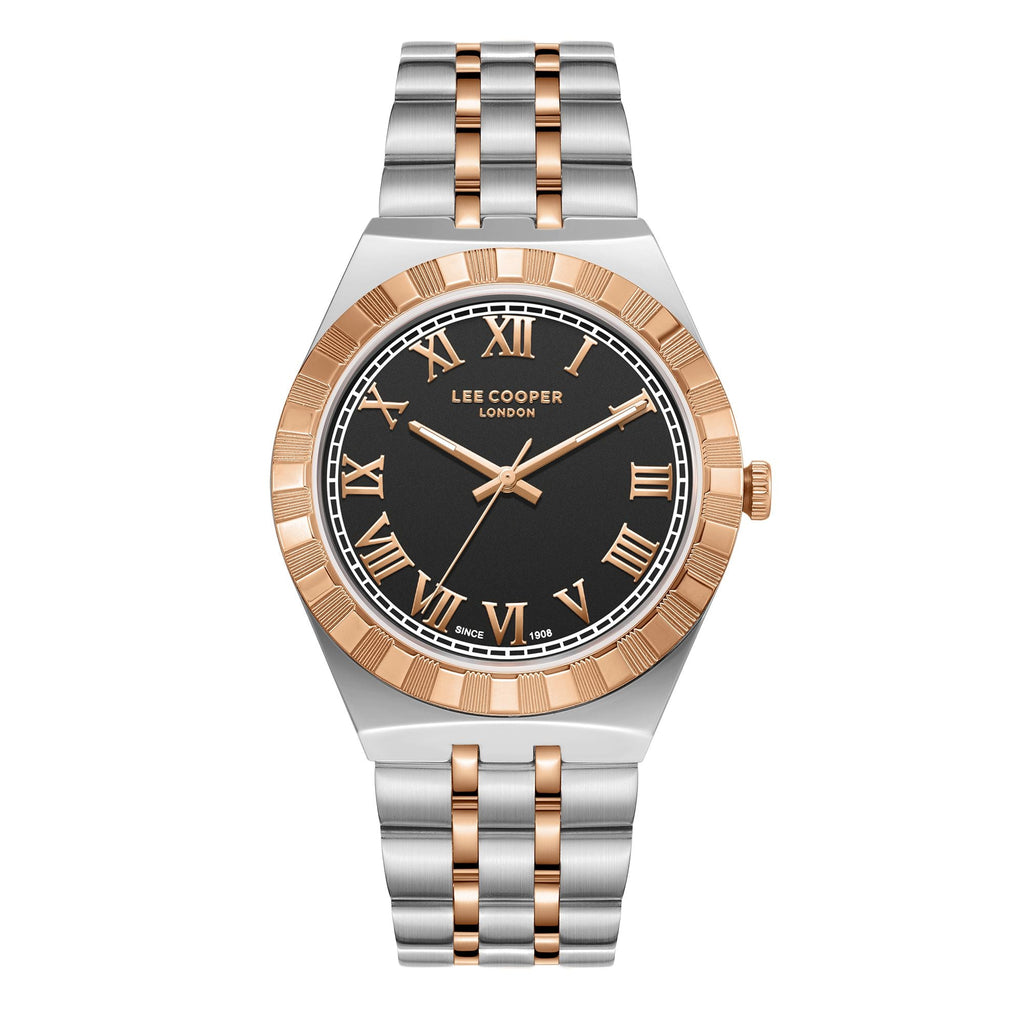 Lee Cooper LC08060.560 men's analog watch featuring a round two-tone silver and rose gold case with a black dial.
