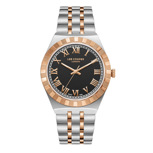 Lee Cooper LC08060.560 men's analog watch featuring a round two-tone silver and rose gold case with a black dial.
