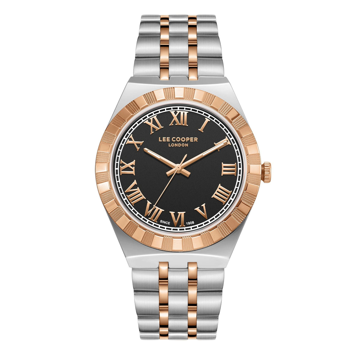 Lee Cooper LC08060.560 men's analog watch featuring a round two-tone silver and rose gold case with a black dial.
