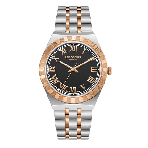 Lee Cooper LC08060.560 men's analog watch featuring a round two-tone silver and rose gold case with a black dial.
