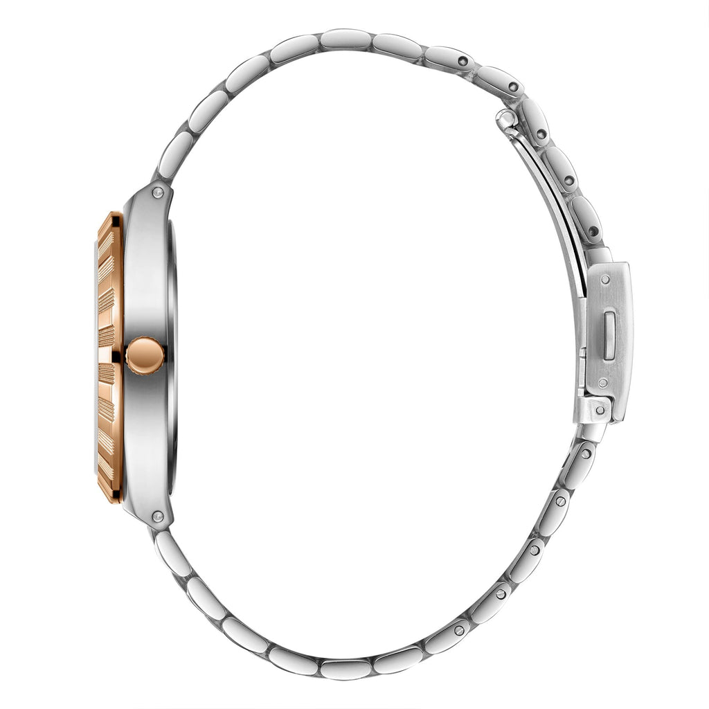 Lee Cooper LC08060.560 men's analog watch featuring a round two-tone silver and rose gold case with a black dial.
