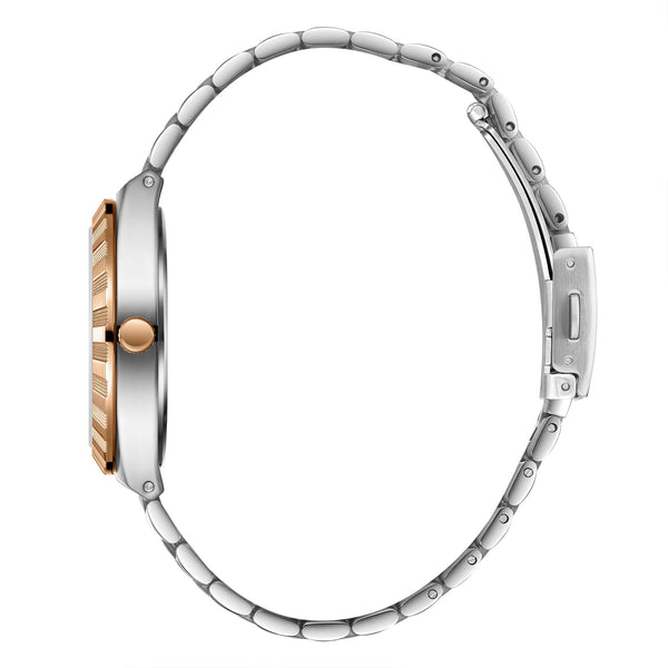 Lee Cooper LC08060.560 men's analog watch featuring a round two-tone silver and rose gold case with a black dial.
