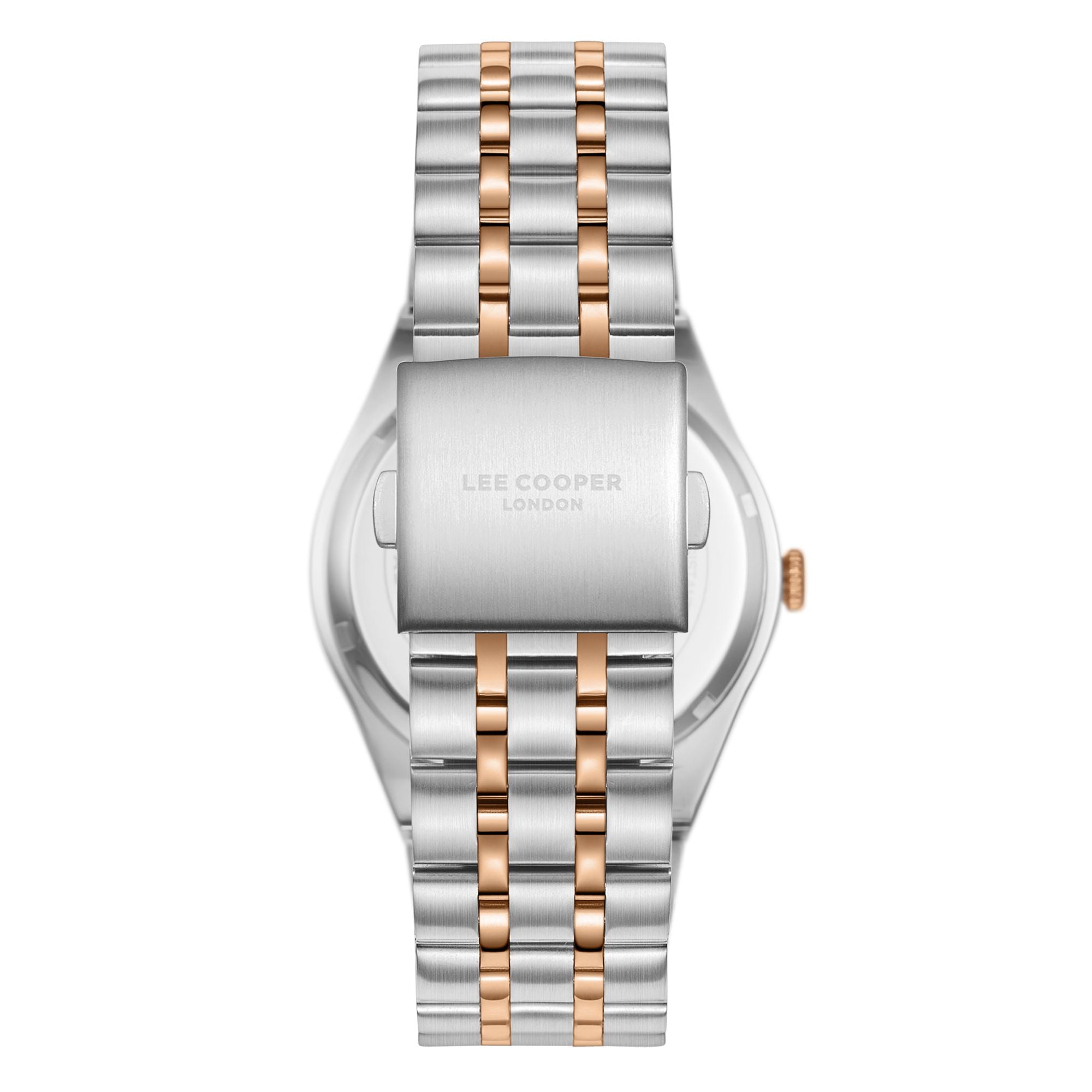 Lee Cooper LC08060.560 men's analog watch featuring a round two-tone silver and rose gold case with a black dial.

