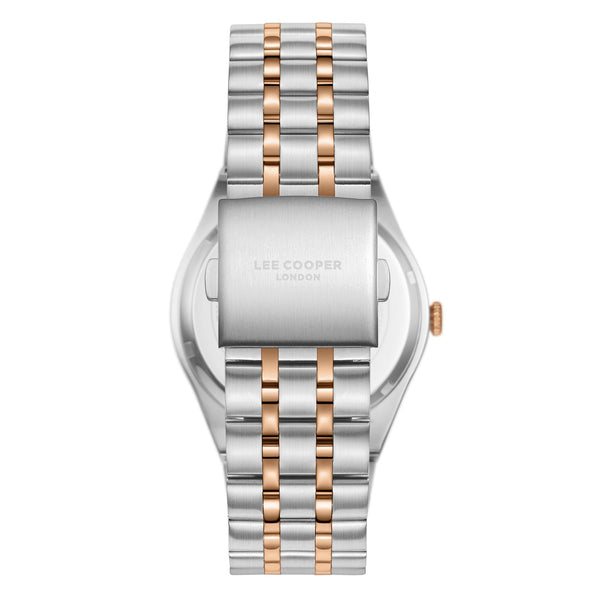 Lee Cooper LC08060.560 men's analog watch featuring a round two-tone silver and rose gold case with a black dial.

