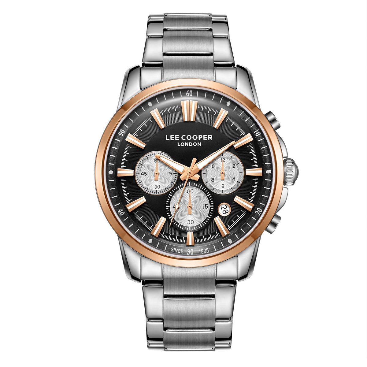 Lee Cooper LC08068.550 men's multifunction watch featuring a round silver case and black dial.

